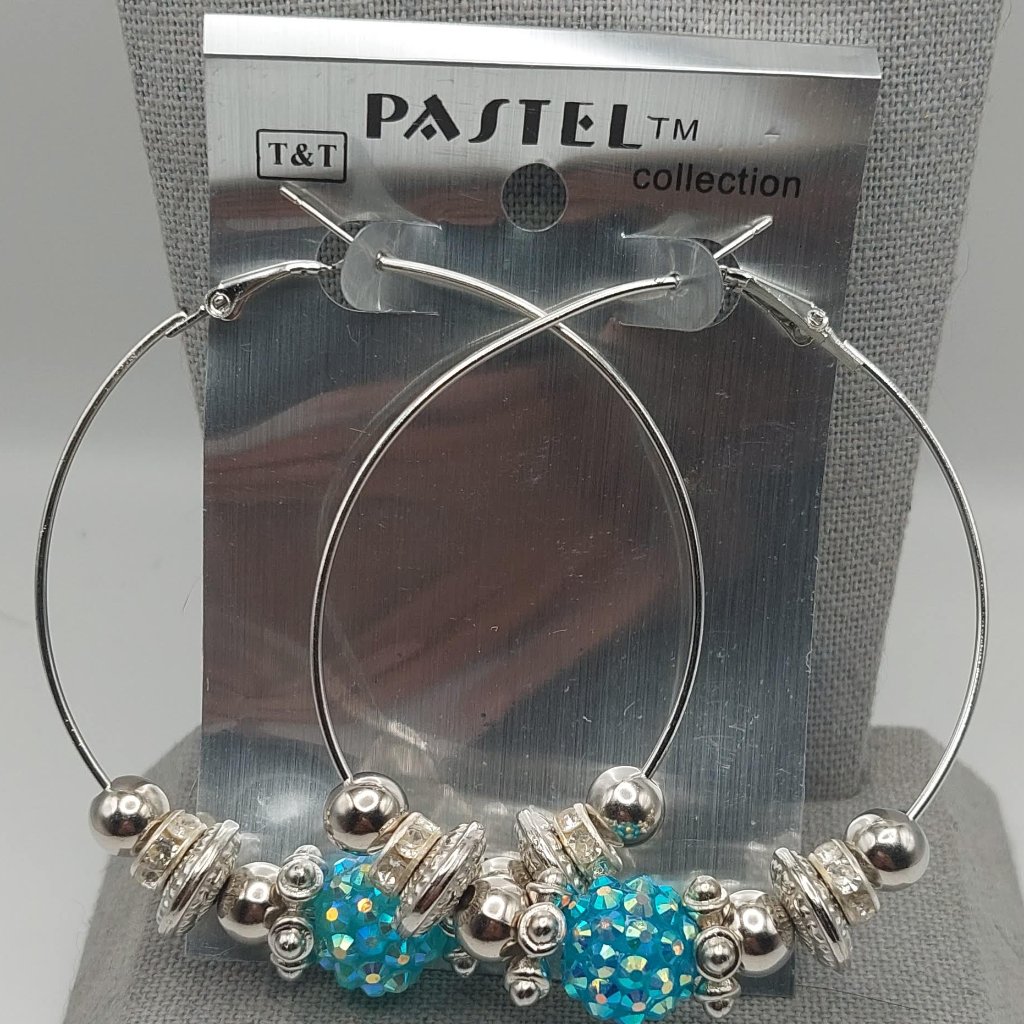 Silver And Blue Sparkly Beaded Hoop Earrings